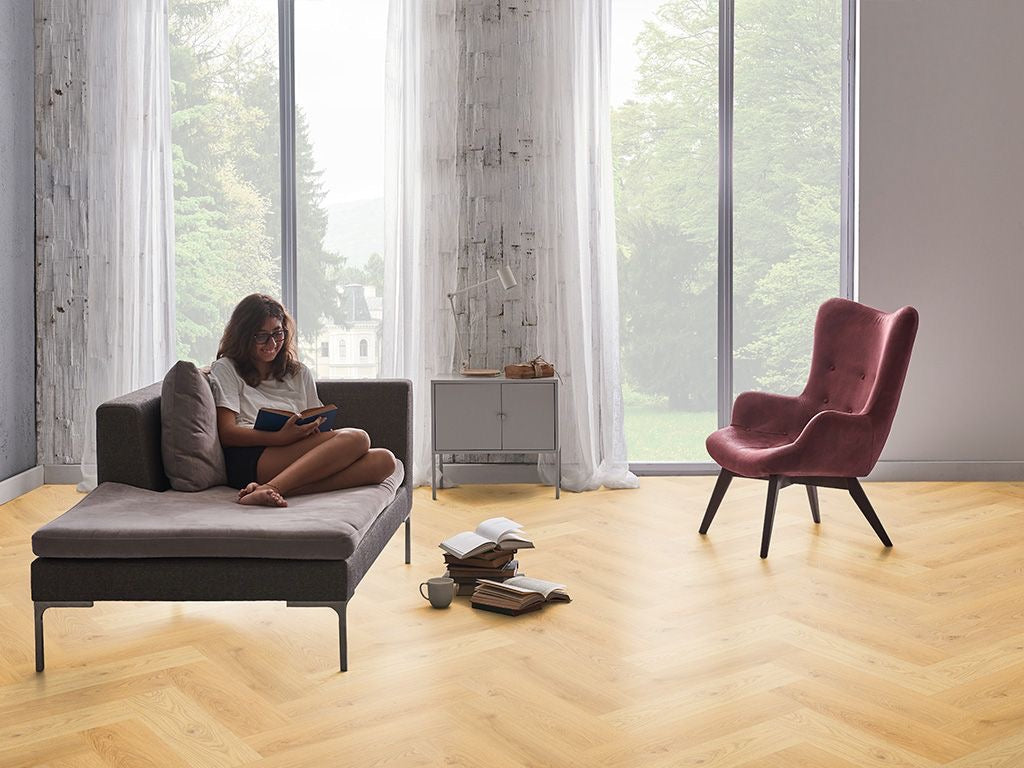 Klick-Vinylboden Fischgrät Eiche SANDBEIGE